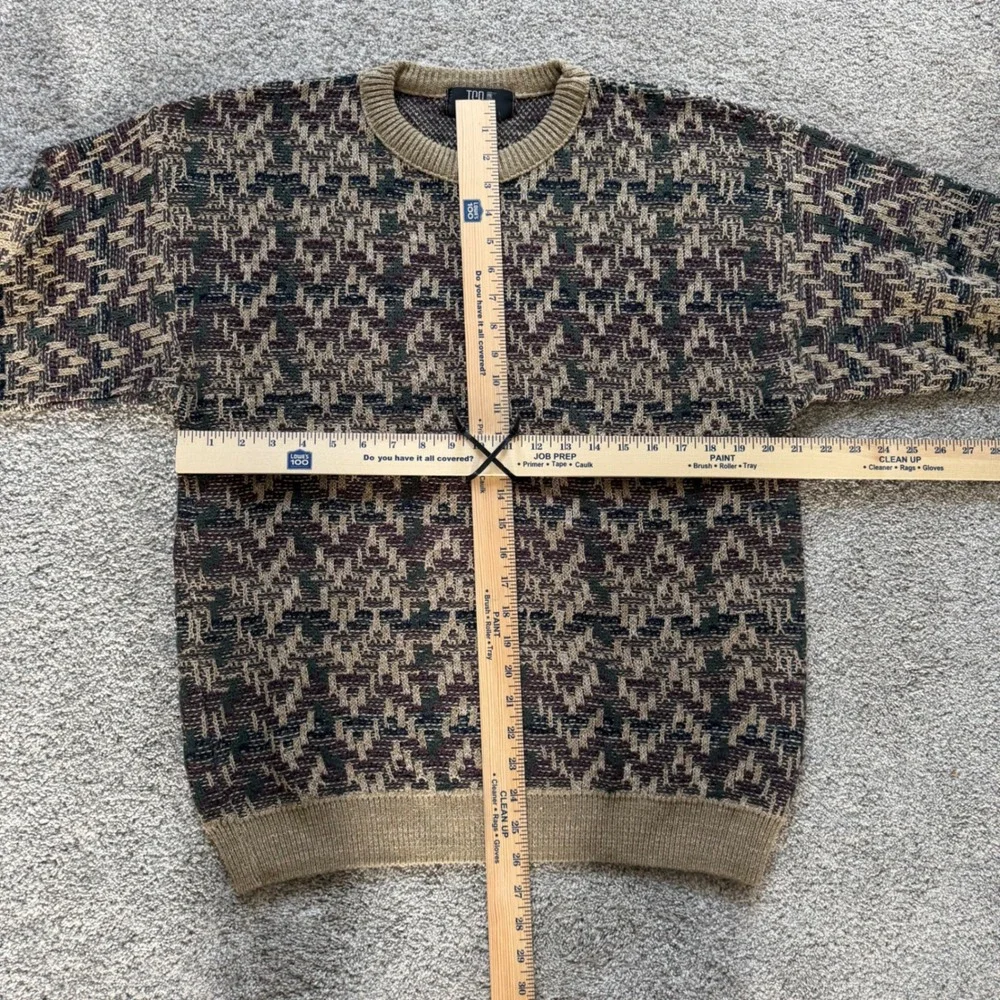 Vintage TSR USA Geometric Knit Sweater Mens Large Tan Burgundy Green Crewneck